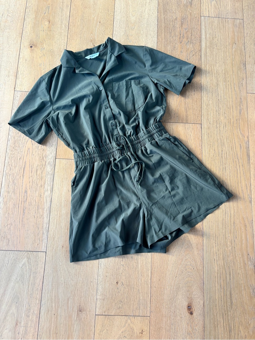 Athleta Button-Front Olive Short Sleeve Romper with Drawstring Waist